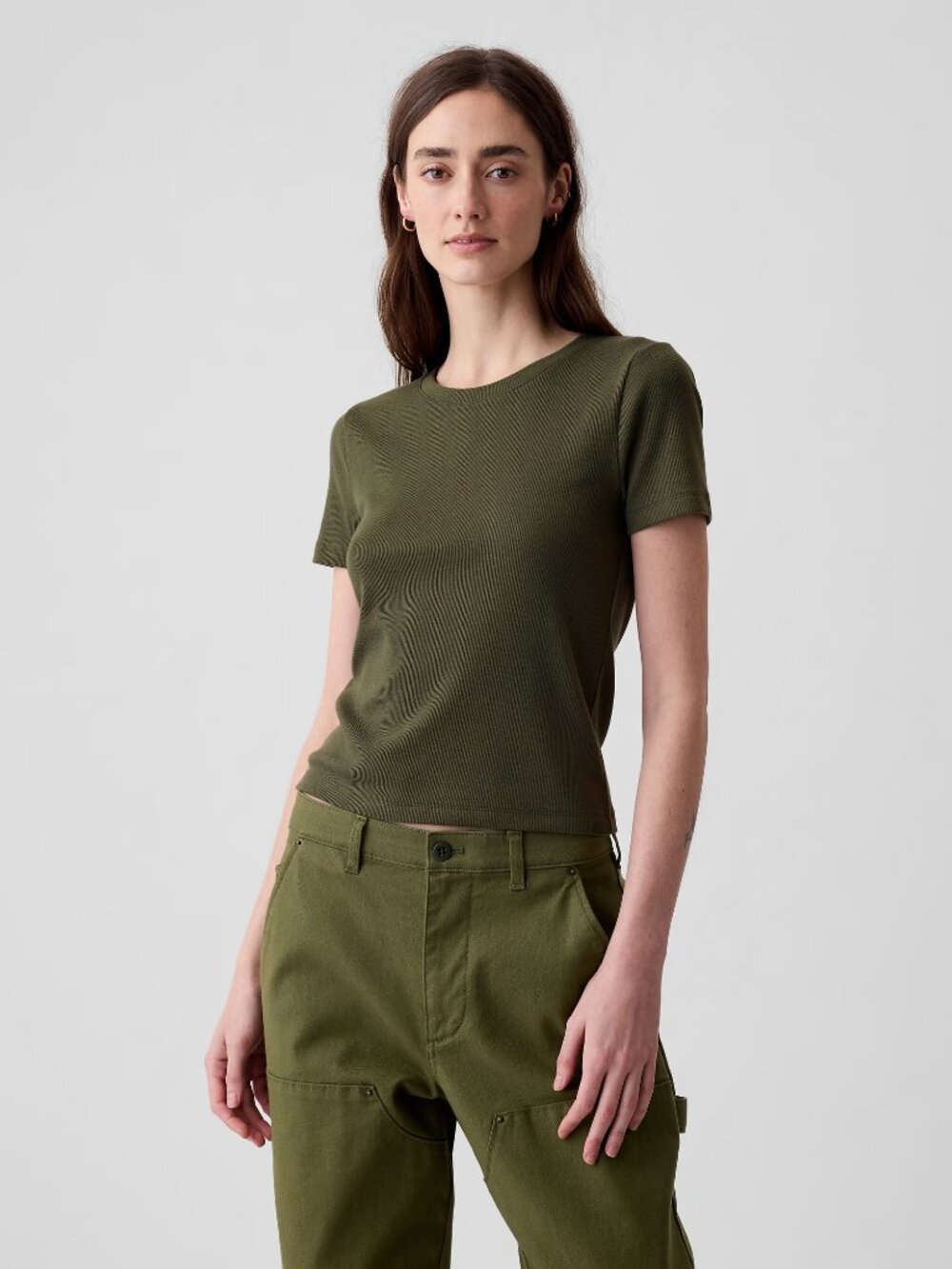 GAP Women's Modern Rib Crop T-Shirt in Olive Green NWT